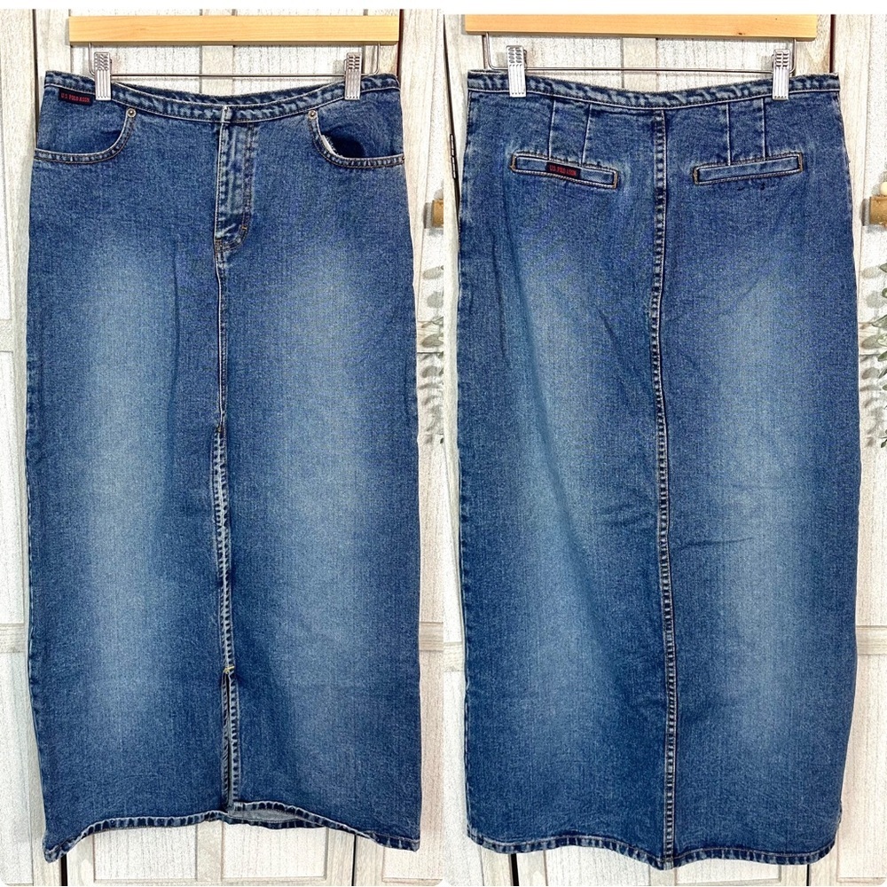 3/$22🩶 Vintage US POLO ASSN Jean Long Maxi Skirt Womens 7/8 Y2K 90’s Denim Slit